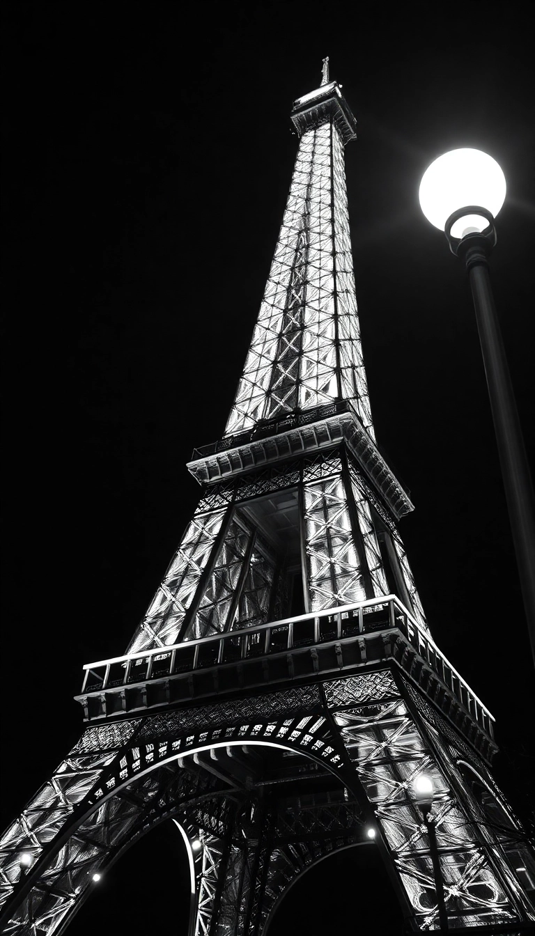 black and white Eiffel Tower night